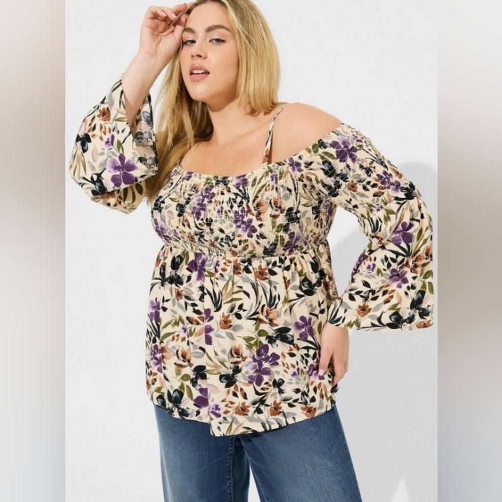 Washable Challis Smocked Cold Shoulder Top